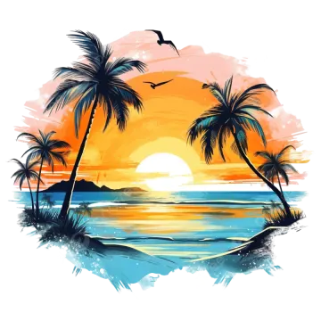 a tropical sunset with palm trees and birds