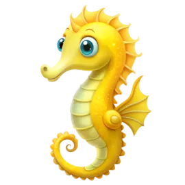 a yellow seahorse with blue eyes