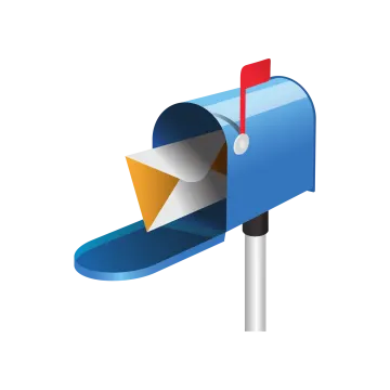 a blue mailbox with a red arrow on it