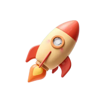 a red and yellow toy rocket on a white background