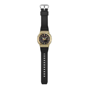 a black and gold watch on a white background