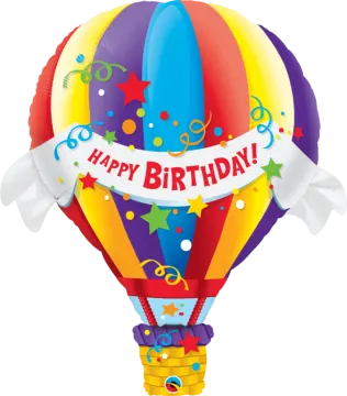 a colorful hot air balloon with the words happy birthday
