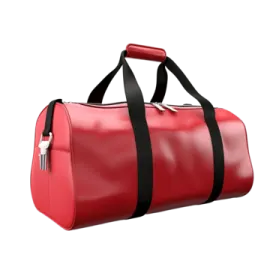 a red duff bag with black straps