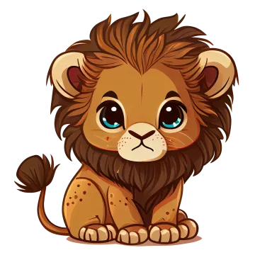 a cartoon lion with blue eyes sitting down