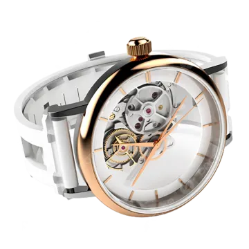 a white watch with a rose gold case