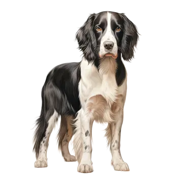 a black and white dog standing on a white background