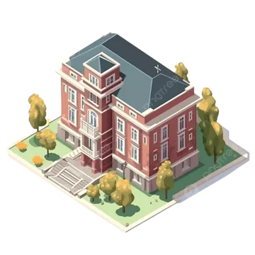 a red brick building with a blue roof and trees