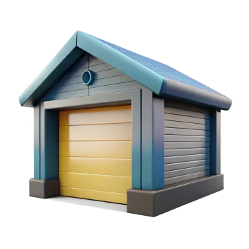 a garage with a yellow door and blue roof