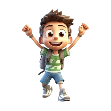 a cartoon boy with headphones and a backpack