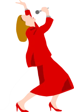 a woman in a red dress singing into a microphone