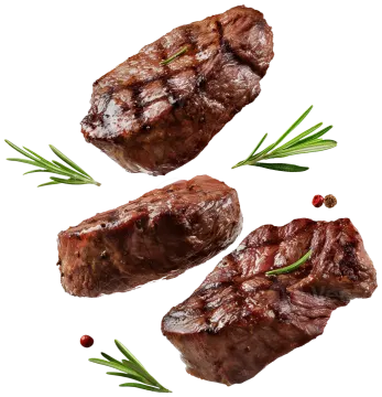 three pieces of beef on a white background