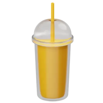 a yellow plastic cup with a straw in it