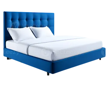 a blue bed with white sheets and pillows