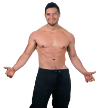 a man with no shirt standing in front of a white background