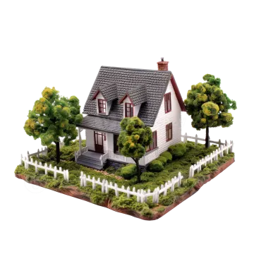 a small house with a white picket and trees
