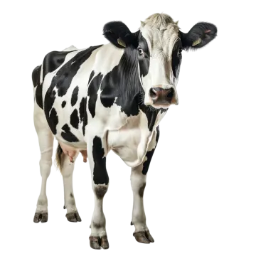 a black and white cow standing in front of a white background