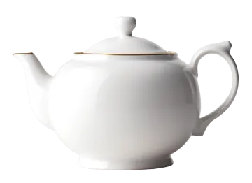 a white tea pot with a gold rim