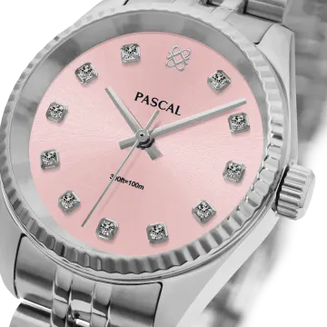 a pink watch with diamonds on the face