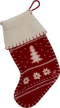 a red and white christmas stocking on a white background