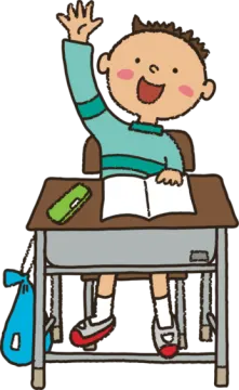 a boy sitting at his desk and raising his hand