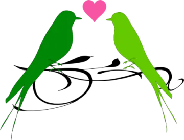 two birds sitting on a branch with a heart
