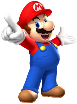 a cartoon character in a blue overalls and a red cap