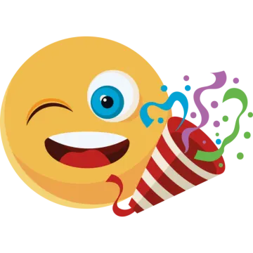 a smiley with a party hat and streamers