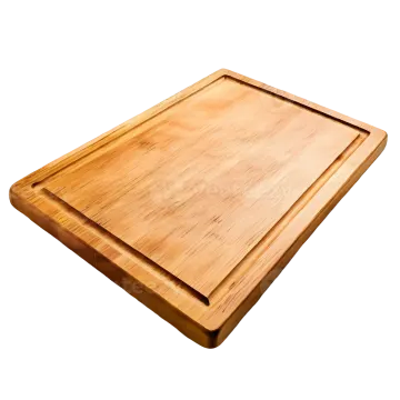 a wooden cutting board on a white background