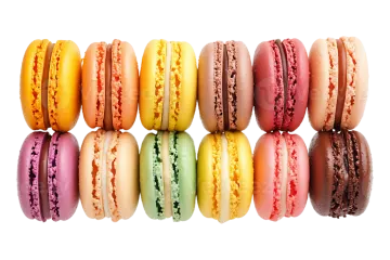 a row of colorful macarons on white background