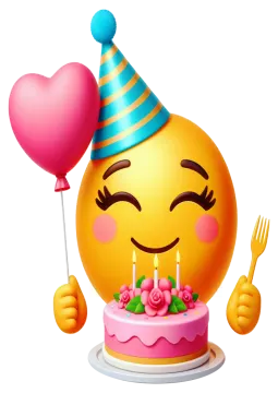 a smiley face with a birthday cake and a balloon
