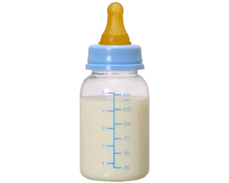 a baby bottle with a blue lid and yellow cap