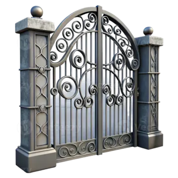 an iron gate with a decorative design on it
