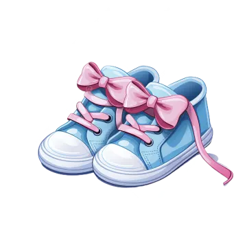 a pair of blue baby shoes with pink bows