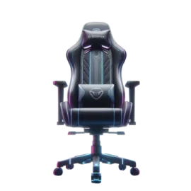 a black and purple gaming chair on a white background
