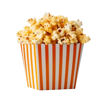an orange and white striped box of popcorn