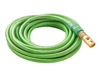 a green garden hose on a white background