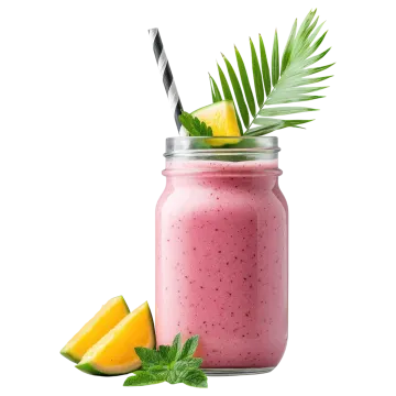 a pink smoothie in a glass with a straw and a green leaf