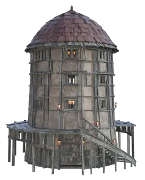 a wooden structure with a red roof and stairs