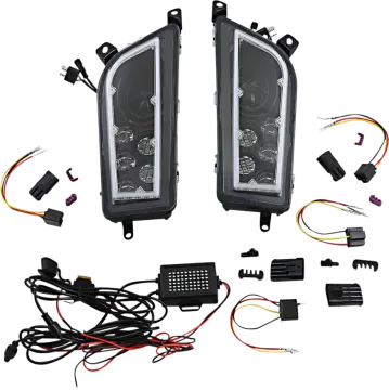 a pair of black headlights with leds and wiring