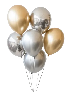 a bunch of gold and silver balloons