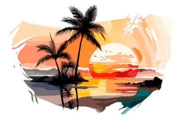 a sunset with palm trees on the beach