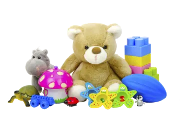 a teddy bear surrounded by toys on a white background