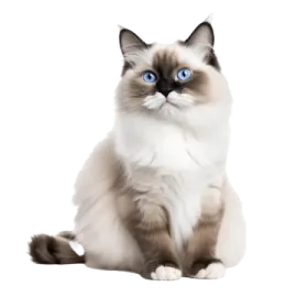 a cat with blue eyes sitting down