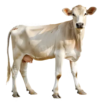 a white cow standing in front of a white background