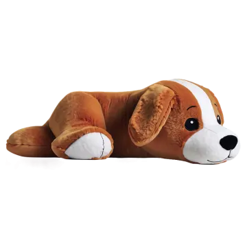 a stuffed dog laying down on a white surface