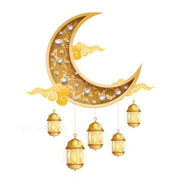 a golden crescent with lanterns hanging from it