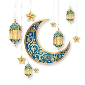 a crescent with lanterns and stars hanging from it