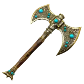 an old axe with turquoise stones on it