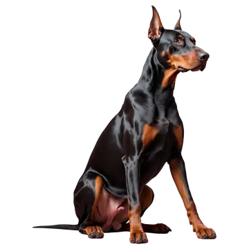 a black and brown dog sitting on a white background
