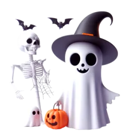 a skeleton and a ghost with a pumpkin